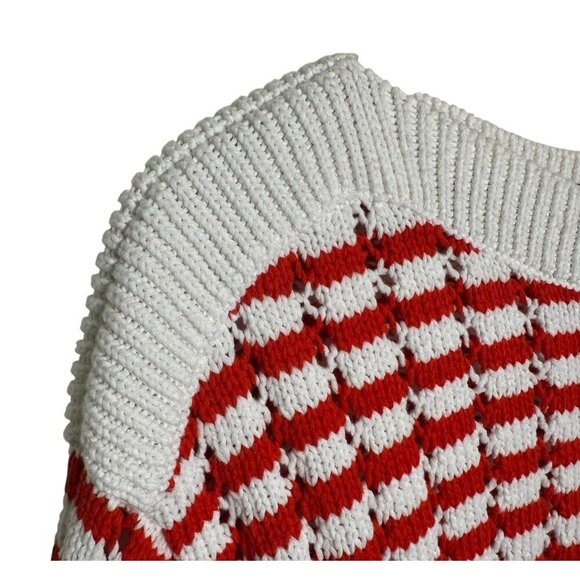 Loft Medium Stripe Open Weave Stitch Boatneck Sweater Red White Xmas Holiday Y2K - Picture 8 of 10